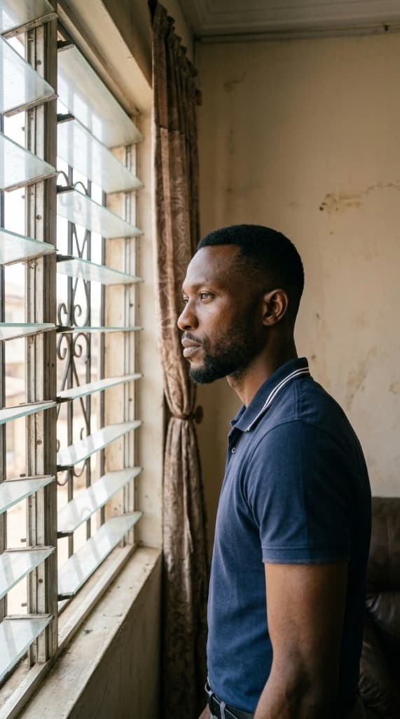 Young man staring through window blinds wondering when his turn will come